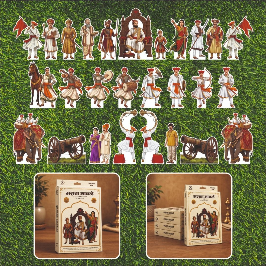 Maratha Mavle decorative cutout set featuring Chhatrapati Shivaji Maharaj, Maratha warriors, musicians, elephants, horses, cannons, and traditional historical characters for Shiv Jayanti, Maharashtra Day, schools, and cultural event decoration.