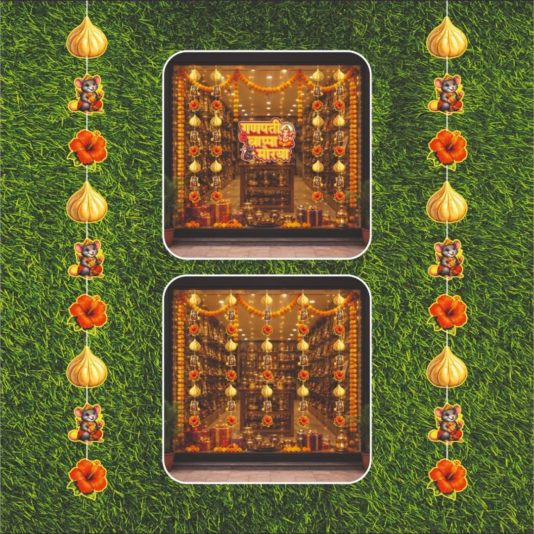 Ganpati Decoration Ladi with glitter finish featuring festive Ganesh-themed hanging decorations for Ganesh Chaturthi home, mandir, office, and pooja décor