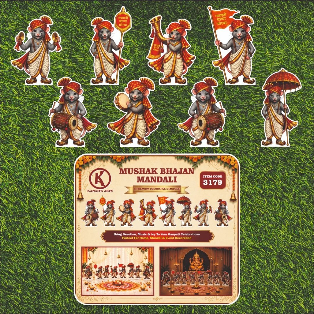 Mushak Bhajan Mandali decoration set featuring 8 musical mouse standees for Ganesh Chaturthi, Ganpati mandap, temple, pooja room, and festive decoration