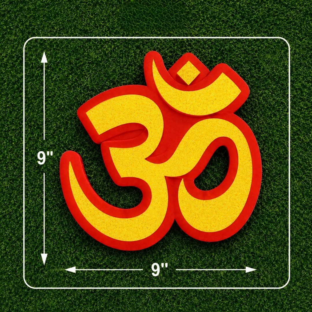 Premium 9-inch Om Poster with glitter finish made from 300 GSM board for temple decoration, pooja rooms, Diwali, Ganesh Chaturthi, meditation spaces, and spiritual home decor.