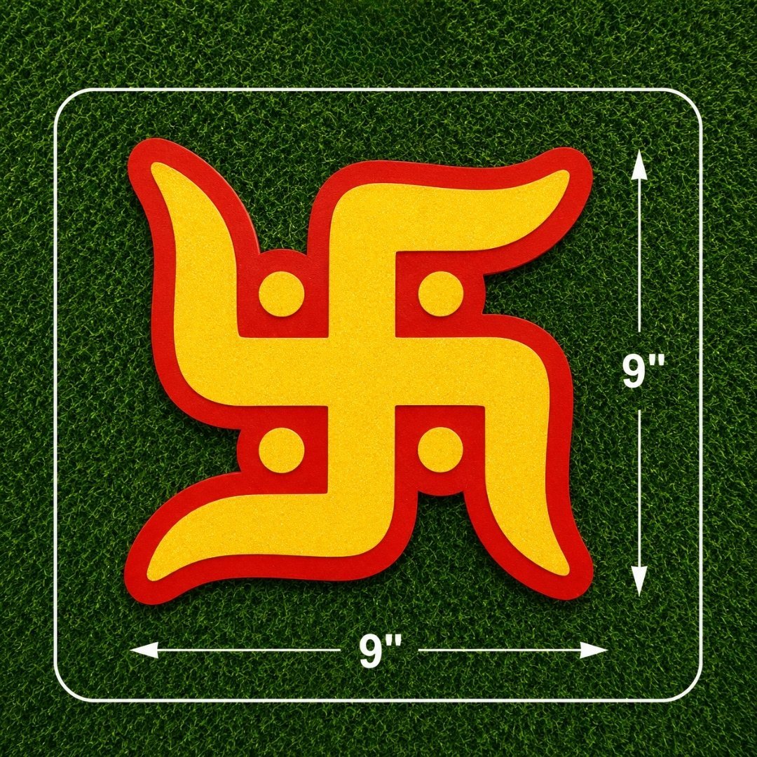 9-inch Swastik glitter poster made from premium 300 GSM board with one-side glitter finish for Ganesh Chaturthi, Diwali, temple, pooja room, and Hindu festival decoration