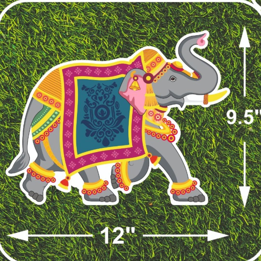 Large decorative elephant standee with traditional Indian artwork, premium glitter finish, and double-sided printing for Ganesh Chaturthi, temple decoration, weddings, mandap decoration, and cultural events.