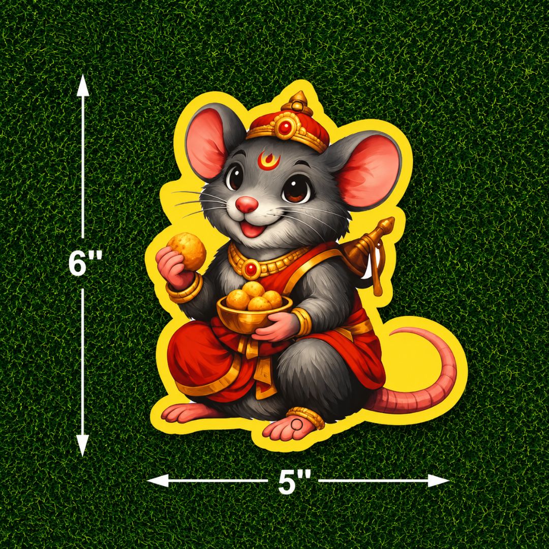 Small decorative Mushak standee with premium glitter finish and double-sided printing for Ganesh Chaturthi, temple decoration, pooja room décor, mandaps, and festive celebrations.