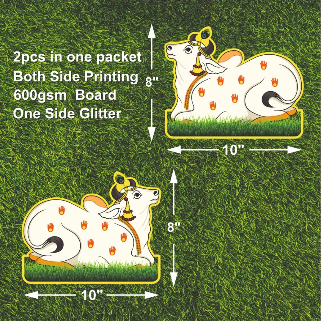 Premium decorative Cow Standee (G) featuring sacred Gau Mata artwork with double-sided printing and glitter finish for Ganesh Chaturthi, Janmashtami, temple decoration, pooja rooms, and festive celebrations.