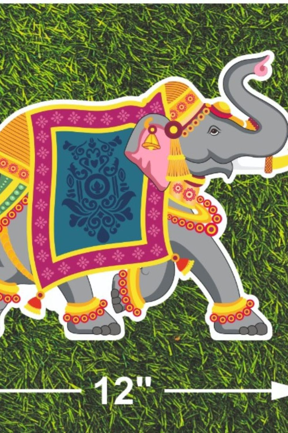 Large decorative elephant standee with traditional Indian artwork, premium glitter finish, and double-sided printing for Ganesh Chaturthi, temple decoration, weddings, mandap decoration, and cultural events.