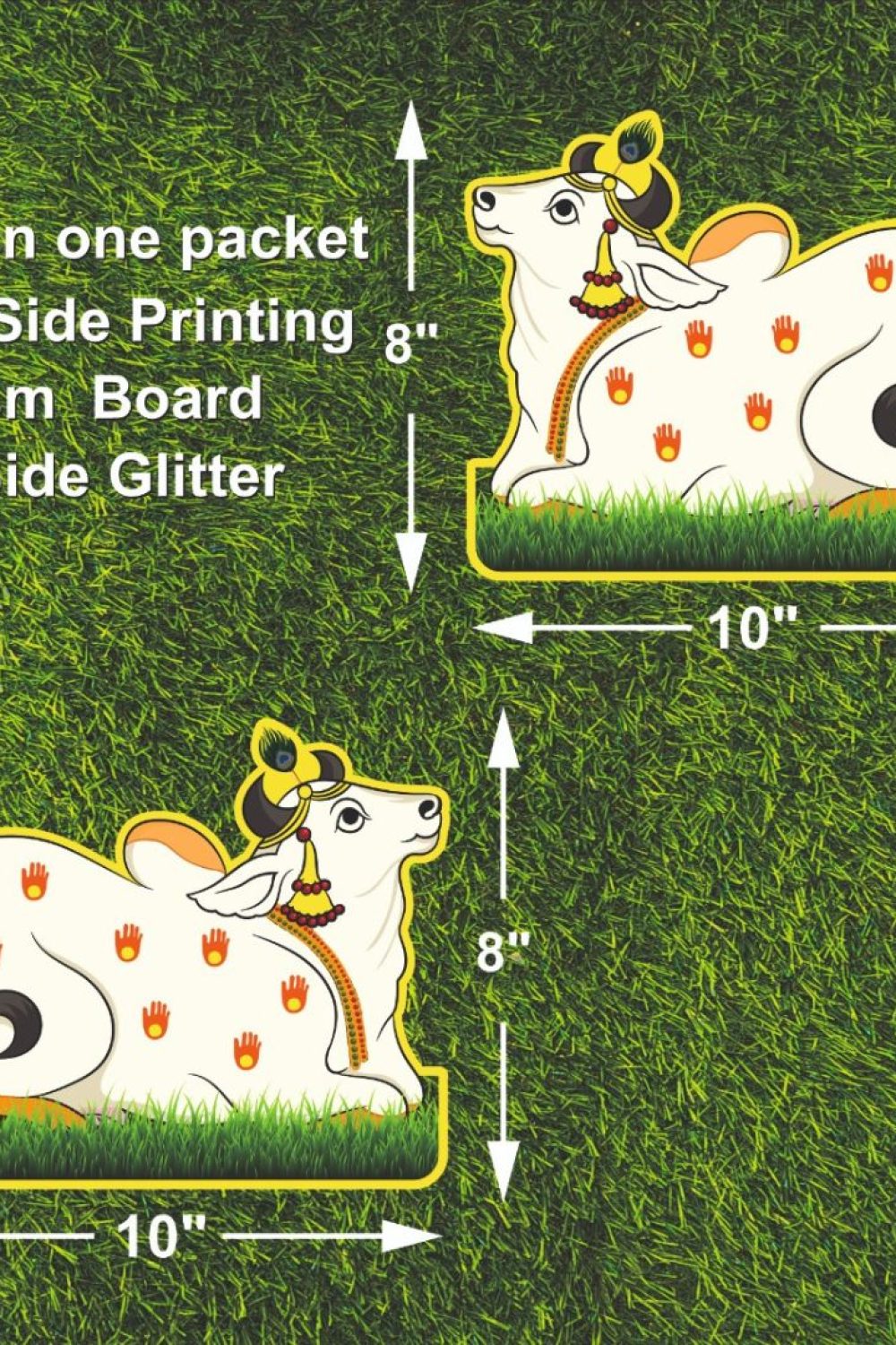 Premium decorative Cow Standee (G) featuring sacred Gau Mata artwork with double-sided printing and glitter finish for Ganesh Chaturthi, Janmashtami, temple decoration, pooja rooms, and festive celebrations.